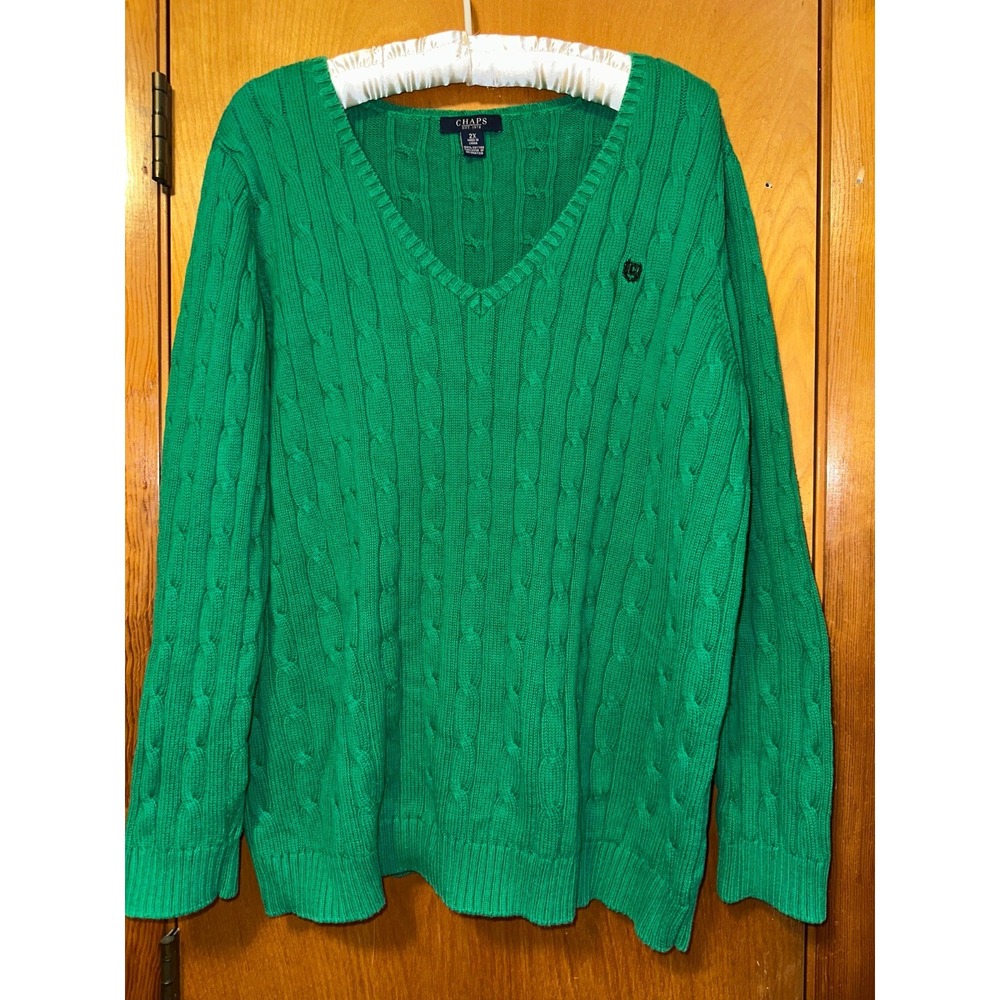 Chaps Ralph Lauren Green 2X Cotton Men's Long Sleeve Cable Knit Sweater